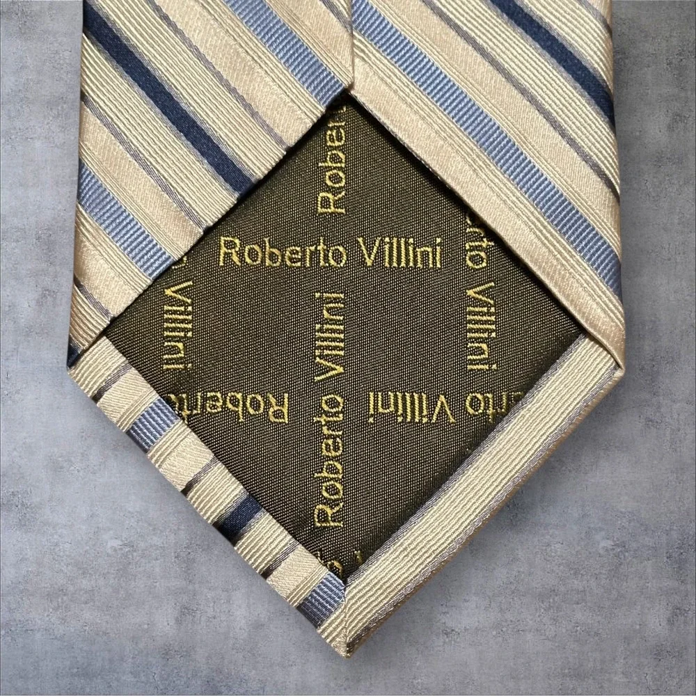 Roberto‎ Villini Silk Tie Blue Pale Yellow Diagonal Stripe 3.75